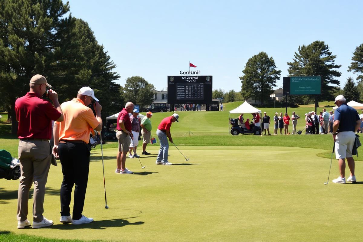 Golfers competing in the putting contest on tournament day