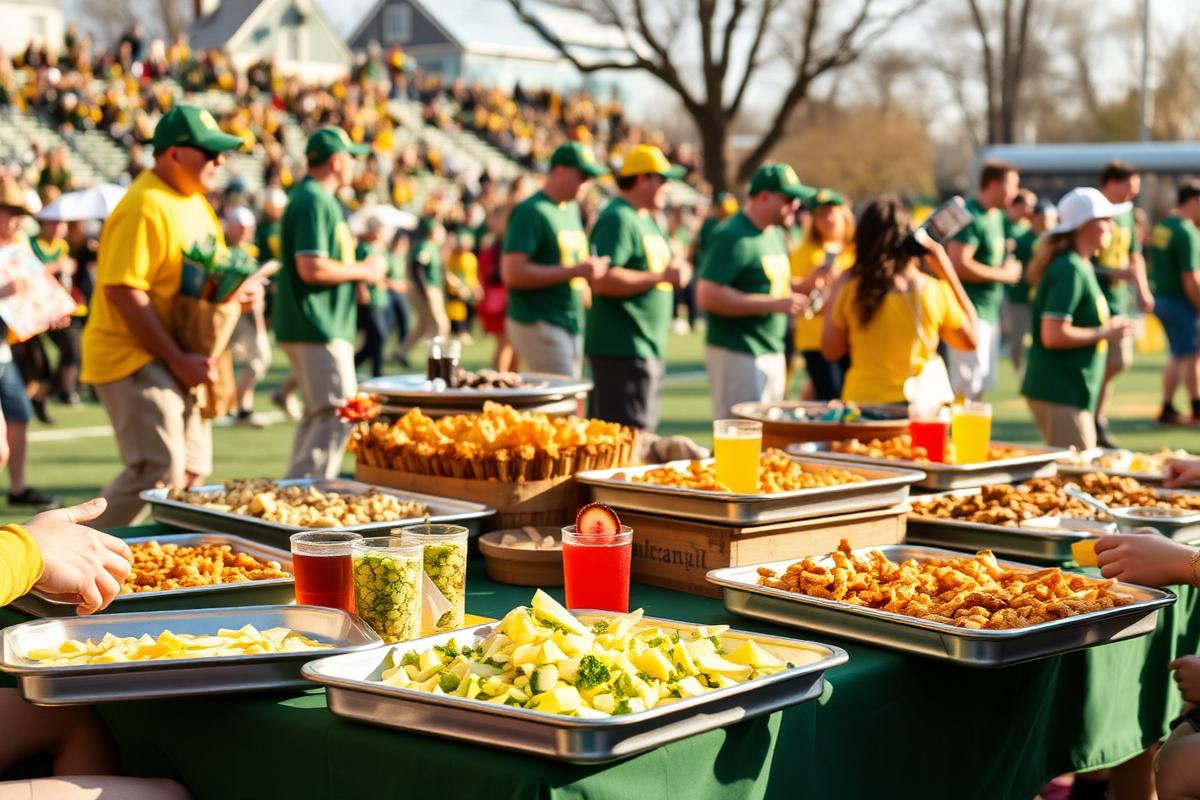 Duck fans gathered around the tailgate spread in green and yellow